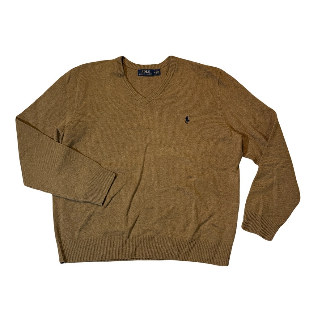 Polo Ralph Lauren mens XL brown solid 100% lambswool v-neck pullover sweater EUC